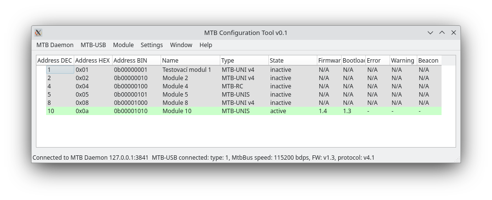 Hlavní okno MTB Config Tool